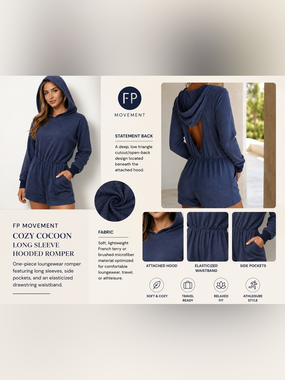 Free People FP Movement "Such a Flirt" Hooded Romper Size Medium Navy